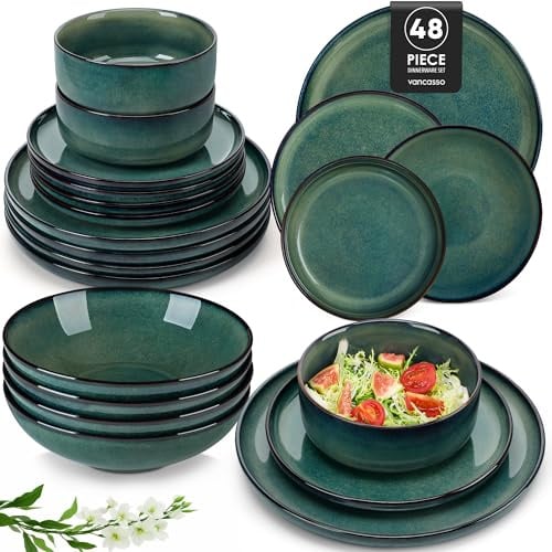 vancasso STARRY Set di Piatti per 12 Persone, Servizio da Tavola 48 Pezzi in Gres - Adatti al Forno a Microonde e Lavastoviglie - Smalto Reattivo Verde