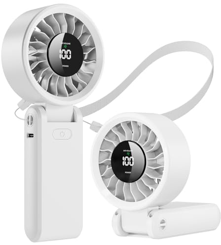 Tragbarer Ventilator - Wiederaufladbar per USB-C, Ventilator mit 5000-mAh-Akku und digitaler Anzeige, 5 Geschwindigkeiten, 90° klappbar, 3-in-1-Personalventilator für Hand, Hals und Schreibtisch