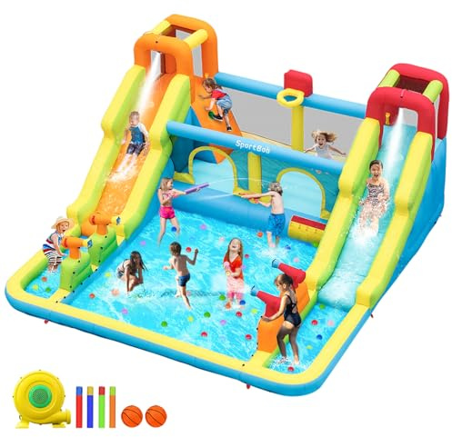Bouncy Castle XXL with Double Water Slide and Blower, Large Bouncy House with 4 Water Spray Cannons, 2 Climbing Walls, Basketball Hoop, Trampoline for Children Outdoor Indoor, 452 x 416 x 210 cm