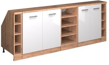 Vicco Küchenschrank für Dachschrägen R-Line, Weiß Hochglanz, 210 cm | 5 Module · Extra Tiefe – 60 cm · Höhenverstellbare Füße · 4 Türen · ✓ Frei kombinierbar