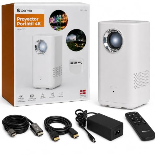 Denver Mini Proyector Portatil con Bateria, Proyector Bluetooth, 150 ANSI | Proyector portatil bateria integrada, Hasta 2 h, HD 720p, Entrada 4K, 150 ANSI, Bluetooth, Altavoz 3 W, HDMI, USB-A