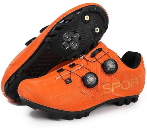 TvzsiY Scarpe da Ciclismo MTB Uomo Donna Scarpe Mountain Bike Unisex Compatibile Installazione SPD Cleats per Fuoristrada,Arancia,42 EU
