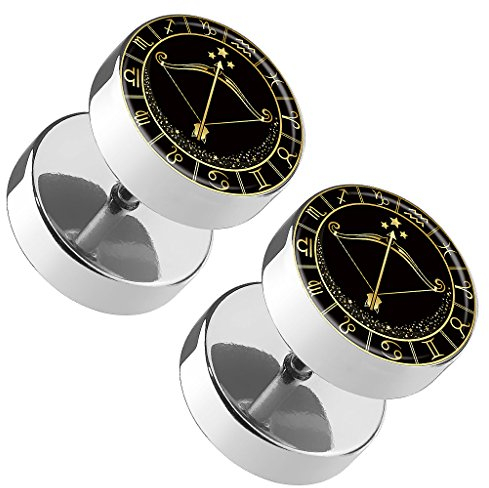 Piercingfaktor 1 Paar Fake Piercing Runde Ohrringe Ohrstecker Ohr Plug Flesh Tunnel mit Sternzeichen Motiv Tierkreiszeichen Schütze