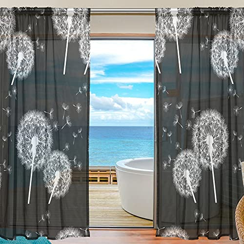 FFY Go Sheer Voile Fenster Vorhang Pusteblume Bedrucktes Weiches Material Für Schlafzimmer Wohnzimmer Küche Decor Home Tür Dekoration 2 Felder Schwarz 198,1 X 139,7 cm