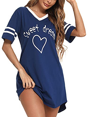 Litherday Chemise de Nuit Femme en Coton Robe de Nuit à Manches Courtes Vêtement de Nuit avec Col V Rayé Motif Coeur et Impression Imprimé,Bleu Marine,M