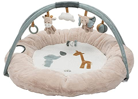 Nattou Runde Krabbeldecke mit Spielbogen, Aus Polyester, Giraffe und Elefant, ∅ Ca.90 cm, Luna und Axel, Beige / Grün