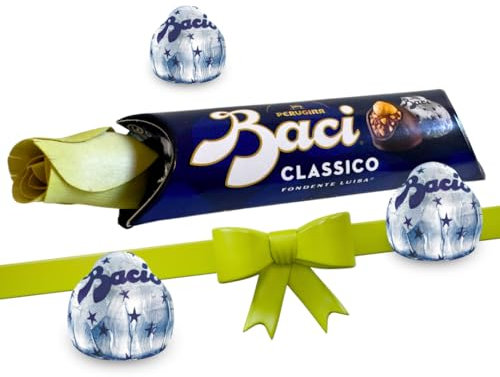 Baci Perugina Regalo Uomo e Donna - Cioccolatini Baci Perugina 37,5gr + Bocciolo Rosa Petali In Legno Verdi-Compleanno (Verde)
