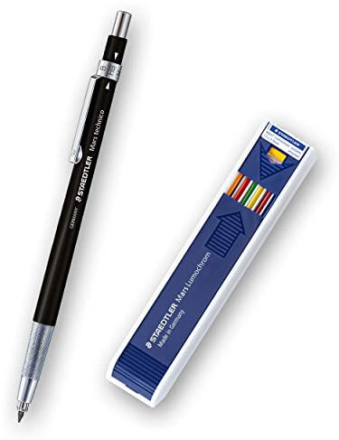 STAEDTLER Mars Technico 780 C Set, 1 Fallminenstift, hohe Qualität, mit Metallclip und HB Mine, integrierter Minenspitzer, Schaftfarbe schwarz + 12 farbige Nachfüll-Minen, 780 C-9X