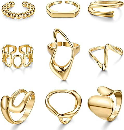 LOLIAS 9 Teilige Gold Ringe für Damen Klobige Ringe 18 Karat Vergoldetes Ringset Statement Daumenring Gewölbte Dicke Offene Ringe Set für Frauen Verstellbar