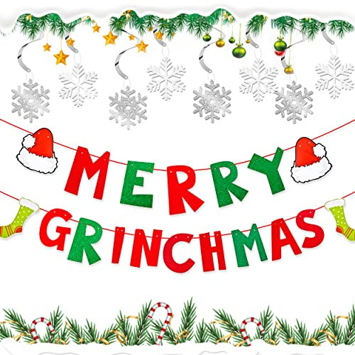 Abitoncc Frohe Weihnachten Banner 3 m Weihnachten Hängende Dekorationen Schneeflocke Hängende Wirbel Grinch Merry Christmas Girlande für Zuhause Kamin Indoor Frohe Weihnachten Dekorationen