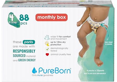 PureBorn 88 Windelhöschen Größe 4 (9-15 kg), Ultra-Saugfähig, Hypoallergen, Weich & Sanft für Babys, Dermatologisch Getestet, Auslaufsicher, Umweltfreundlich aus Bambus