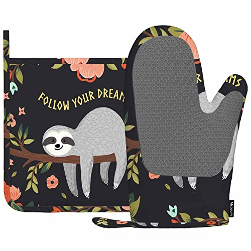 Mxocom Faultier-Ofenhandschuhe und Topflappen-Set, niedliches Tier-Baby-Faultier auf Baum, Ast, Blumen, Blätter, Zitat, Follow Your Dream, hitzebeständige Küche, Ofenhandschuhe, Topflappen zum Kochen