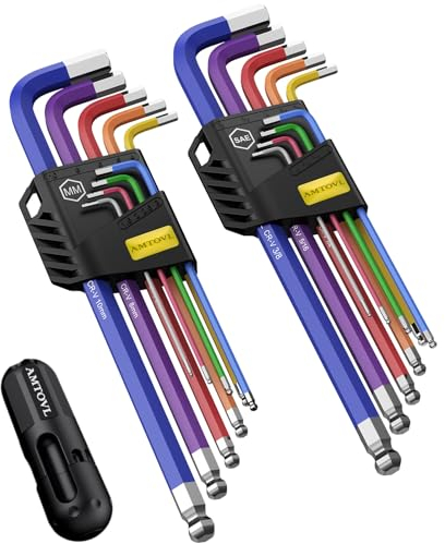 AMTOVL 18PCS Hex Key Set - Metric & Imperial Extra Long Ball End Allen Wrenches with T-Handle (1.5mm-10mm, 1/16-3/8) for Bicycle Repair, Household, DIY. Color-Coded for Easy Size Identification