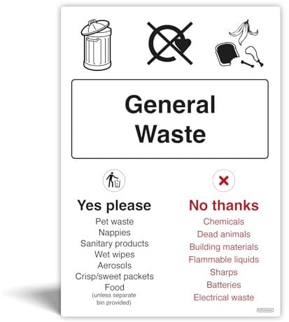Pack of 2 General waste WRAP Recycling Bin Signs - Waterproof Indoor/Outdoor Vinyl Stickers - Wheelie Bin and Waste Containers Signs - Recycling Signs with symbols