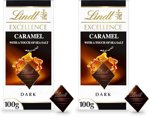 Lindt Excellence Dark Caramel Chocolate Bar with a Touch of Sea Salt - 100 g (Pack of 2)
