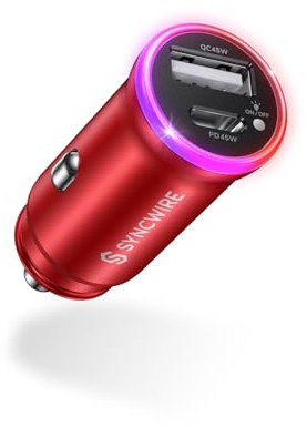 SYNCWIRE USB-C-Autoladegerät [PD45W & QC45W] Zigarettenanzünder USB Typ-C Ladegerät Buntes RGB-Autoadapter Schnellladung Kompatibel mit iPhone 15 Pro Max 14 13 12 11, Samsung S23, Google, Rot