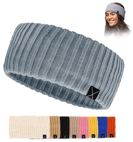 Damen extra breites Stirnband, warmes gestricktes Haarband, Ohrwärmer in vielen Farben (GRAU)