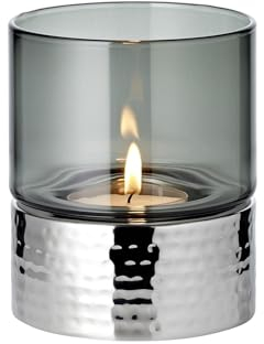 EDZARD Windlicht Cosmo (Höhe 13 cm), Dunkles Glas, Edelstahl gehämmert hochglanzpoliert, perfekt für Maxi-Teelicht