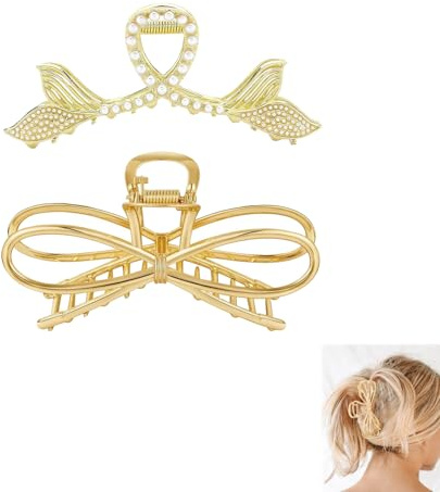RTRTGS Lot de 2 grandes pinces à cheveux antidérapantes en métal doré tendance pour femmes et filles, pour cheveux longs épais et fins