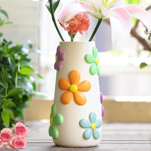 AmiCera Bunte Blumenvase für Blumen 20cm Hoch, Regenbogen Funny Pilz Deko Wohnzimmer, Eklektische Süße Vasen für Blumen, Einzigartige Bunt Blumen Vasen, Funky Home Decor Ästhetik, Weiß