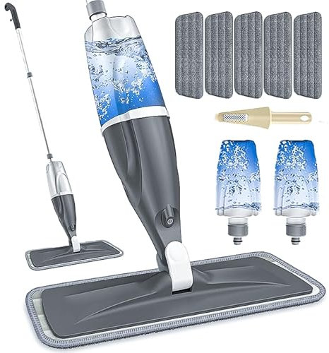 Spray Mop for Cleaning Floors - Microfibre Kitchen Mops for Flat Dry Wet Hard Wooden Floor Laminate Vinyl Tile, Floor Mop with 5 Washable Pads 2Pcs 550ml Refillable Bottle 1 Scraper (Grey)