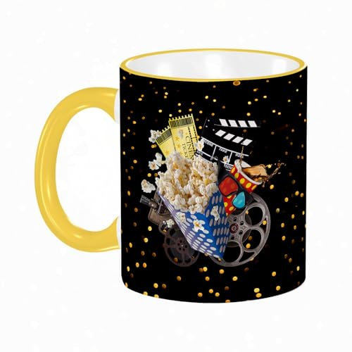 YOIUE Tasse aus Keramik - Große 11oz Tassen 330ml Kaffeetassen mit Henkel, 100% Handbemalt - Trinkgläser mit Griff - Weiß,Kino Kinokarte Popcorn Cola Projektor Slapstickfilm 3D Brille