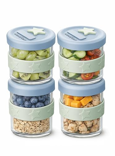 Cherub Baby 4x 180ml Glass Storage Containers with Food Grade Silicone Lids, Thermal Shock Resistant, Baby Weaning Food Pots & Overnight Oats Jars, Airtight Lids, Microwavable, Freezer & Oven Safe