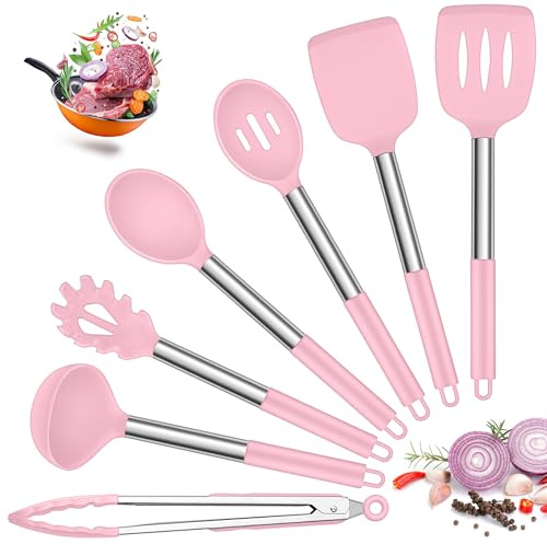 Joyfair Kitchen Utensils Set, 7 Pcs Silicone Cooking Utensils with Stainless Steel Handle, Non Scratch Cooking Tools Spatula Tongs Spoon for Non Stick Cookware, Heat Resistant & Dishwasher Safe, Pink