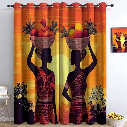 Vorhänge Blickdicht Orange Farbe Mit Ösen, Traditionell Afrikanische Frau Motiv Thermovorhang für Wohnzimmer Kinderzimmer Jugendzimmer Fenster, H 245 x B 140 cm (2er Pack) Verdunklungsvorhänge