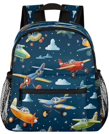 Mexpekil Rucksack für Kleinkinder, Motiv: Cartoon-Flugzeug, für Jungen und Mädchen, Mini-Schultasche, Vorschule, Kindergarten, Reisen, Tagesrucksack, mehrfarbig, 10x4x12 inch