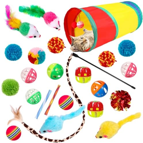 GSrenyu 24Pcs Cat Tunnel Toys Indoor, Interactive Kitten Toys Set | with Collapsible Cat Tunnel,Mice,Cat Teaser Wand,Springs Toy,Crinkle Balls,Bells Balls Interactive Toy for Indoor Cats Kitten