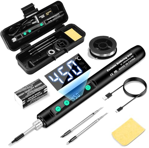 Daakro 2-in-1 Schwarz Akku Lötkolben Set | 180-450℃ mit einstellbarer Temperatur,mit LED-Anzeige USB-aufladbares lötkolben mit Lötdraht, Werkzeugkasten