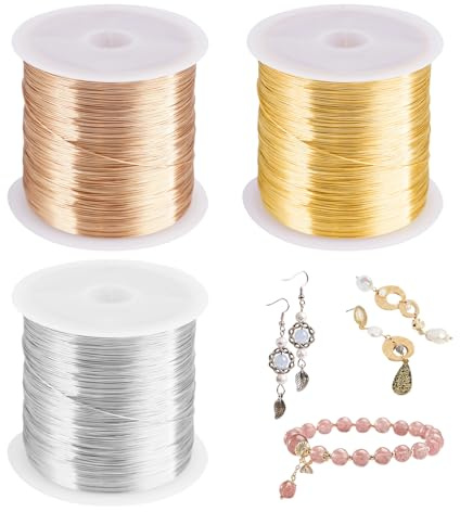100m x 3 Spule Schmuckdraht 0.3mm Kupferdrahtrolle, Gold Silber Kupfer Schmuck Draht Set, Basteldraht Dünn Lichtbeständig Und Leicht, Flexibler Dünner Draht zum Basteln für Haarschmuck, Schmuck