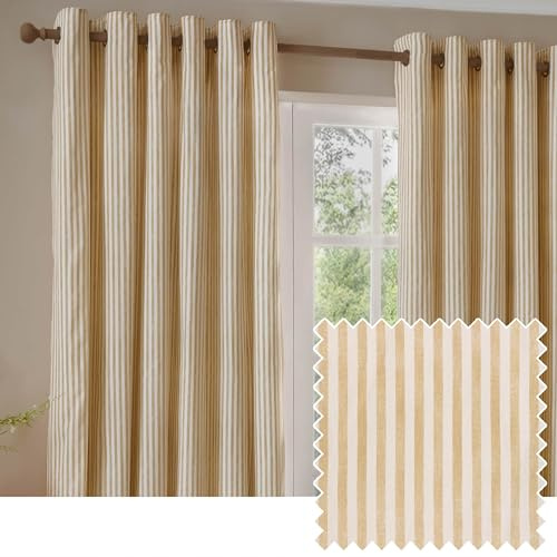 Yard furn Hebden Blackout Eyelet Curtain Pair – Ultra Soft Cotton Lined Striped Curtains (Honey Yellow - 117x137cm)