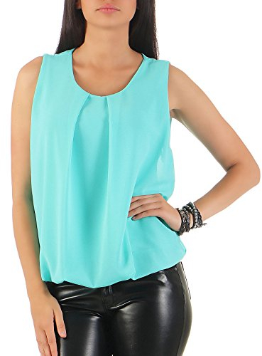 Malito – Damen Bluse ärmellos – leichte Tunika ohne Ärmel – Elegante Schlupfbluse mit Rundhals – lockeres Blusenshirt für Frauen Leo Print und Uni 6879 - (Türkis)