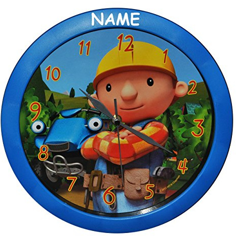 alles-meine.de GmbH Wanduhr Bob der Baumeister incl. Name - 29 cm groß Uhr - für Kinderzimmer Kinderuhr - Analog Wendy Baustelle Baufahrzeuge Jungen blau