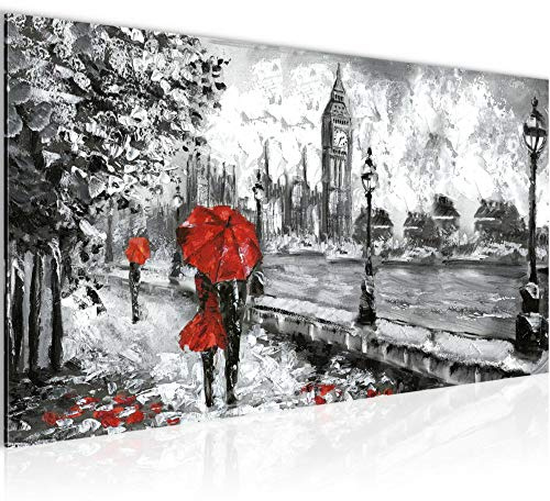 Runa Art Wandbild London 1 Teilig 100 x 40 cm Modern Bild auf Vlies Leinwand Gemalt Wohnzimmer Schlafzimmer Rot Grau 024312a