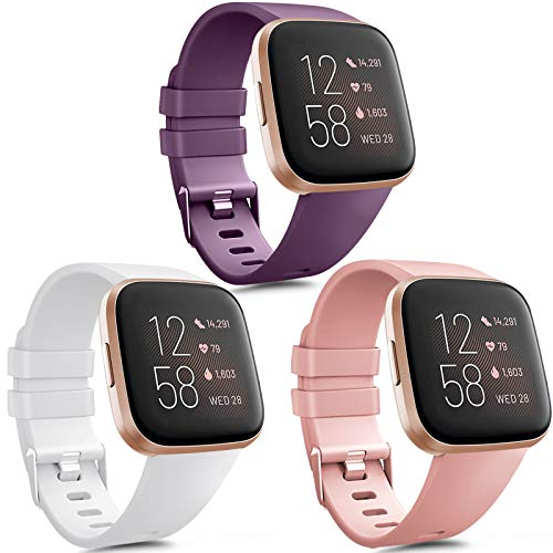 Vancle 3 Pack Kompatibel für Fitbit Versa Armband/Fitbit Versa 2 Armband, Klassisch Weiches TPU Sports Verstellbares Ersatz Armbänder für Fitbit Versa/Versa 2/Versa Lite (Weiß/Rosa/Lila, S)