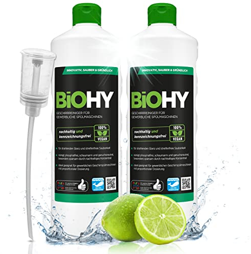 BiOHY Détergent pour lave vaisselle (2 x 1l Bouteille) + Distributeur | SANS PHOSPHATES concentré pour la gastronomie | brillance grâce à une formule exceptionnelle (Geschirrreiniger)