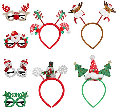 Toyvian 4 Stück Weihnachten Stirnbänder Und 4 Stück Weihnachten Brillenrahmen, Lustige Glitzer-Weihnachtsbrillen Und Haarreifen für Partyartikel