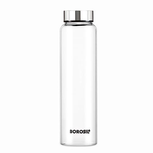 Borosil Glass Water Bottle, 1000ml, Borosilicate Glass, Wide Mouth with Handle, Pink OR Blue Lid (BLUE)