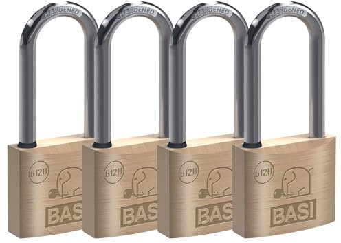 BASI | Vorhangschloss 4er Set | hoher Bügel 40 mm | Wasserstopp | gleichschließend | massives Messing-Gehäuse | gehärteter Stahlbügel | sicheres Vorhängeschloss | 4 Stück