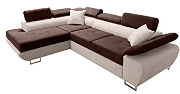 Robin Saturn Premium Ecksofa Schlaffunktion Bettkasten Verstellbare Kopfstützen Kissen Sofa L-Form Schlafsofa Freistehende Eckcouch Schlafcouch Wohnzimmermöbel Wohnlandschaft Links Braun Creme