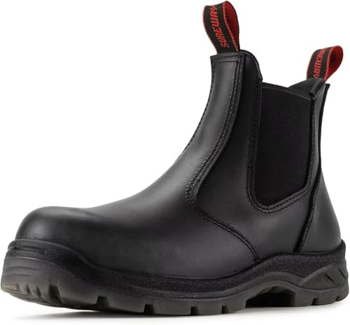 SUREWAY Men's Slip-On Work Boots for Men,Full Grain Leather,Anti-Static,Water/Slip Resistant,Fire Station Mechanic Industrial Construction Safety Boots/Shoes for Men,Soft Toe Black,Size 10.5