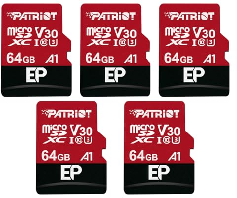 Patriot Memory 64GB A1 / V30 Carte mémoire pour téléphones et tablettes Android, Enregistrement vidéo 4K - Pack de 5.