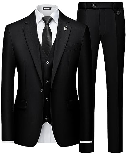 MAGE MALE Mens Suits Slim Fit 3 Piece Tuxedo Suit One Button Solid Prom Wedding Party Blazer Vest Pants Set with Tie Black