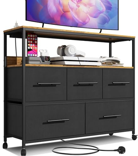 Adoture Dresser with Charging Station, Chest of Drawers for Bedroom with 5 Fabric Bins, TV Stand with Open Storage Shelf, TV Table with 4 Castors for Living Room, Hallway (Black)