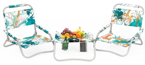 #WEJOY 2 Strandkörbe und Tisch Set Leicht & Faltbar Rucksack Strandkorb für Outdoor Strand Rasen Camping Picknick Cyan/Orange Strandkörbe Set