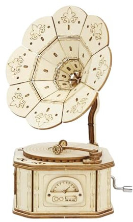 LOVIVER Puzzle 3D en bois Gramophone, Kits de construction mécanique, boîte à musique à manivelle, boîte à musique mécanique pour la famille des, modèle A