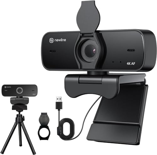 NewlineWork 4k PC Webcam con micrófonos duales con cancelación de Ruido, Enfoque automático, corrección de luz, con Obturador de privacidad y trípode, USB 2.0 UHD Webcam para PC Mac Skype Streaming